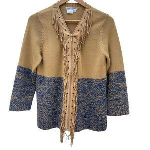 VTG Western Fringe Knit Cardigan Sweater Blue Beige Sz M Rodeo Festival‎ Cowgirl